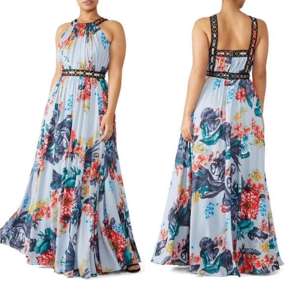Badgley Mischka Floral Grommet Maxi Blue Gown Sleeveless Cocktail Size 8